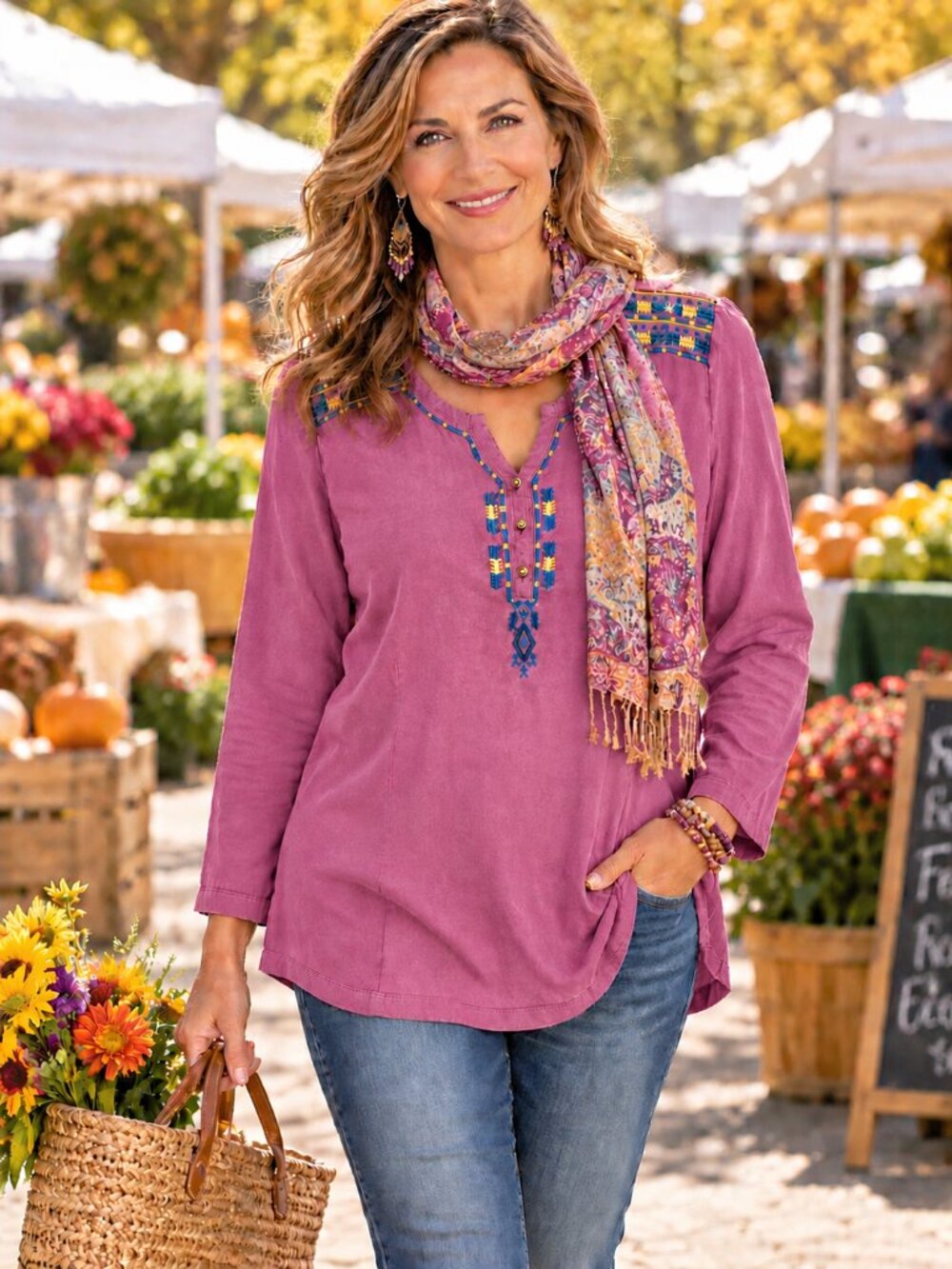 COLDWATER CREEK Tunic V-Neck (3) Button-Up Redish Purple w/Embroidered NWOT XL